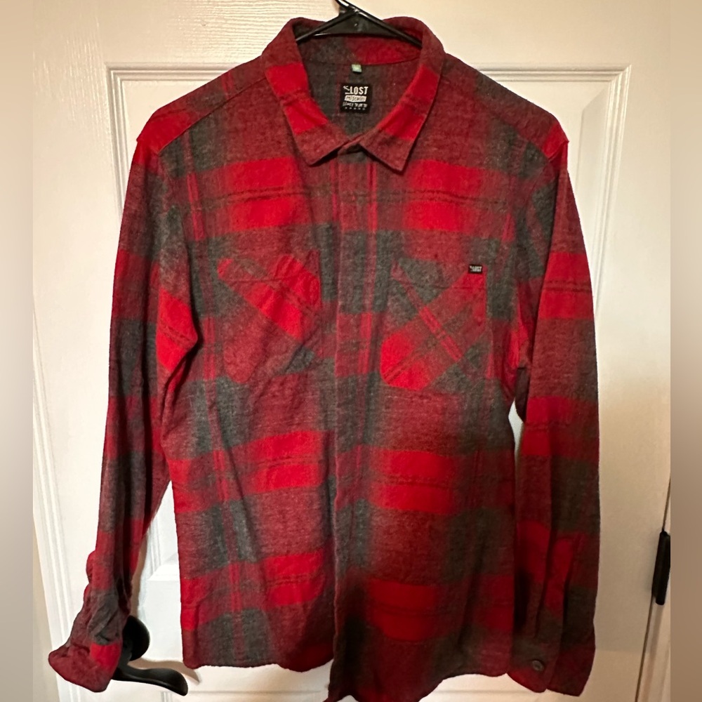 Lost Mischief Red/Dark Gray Button-up Flannel. Medium.